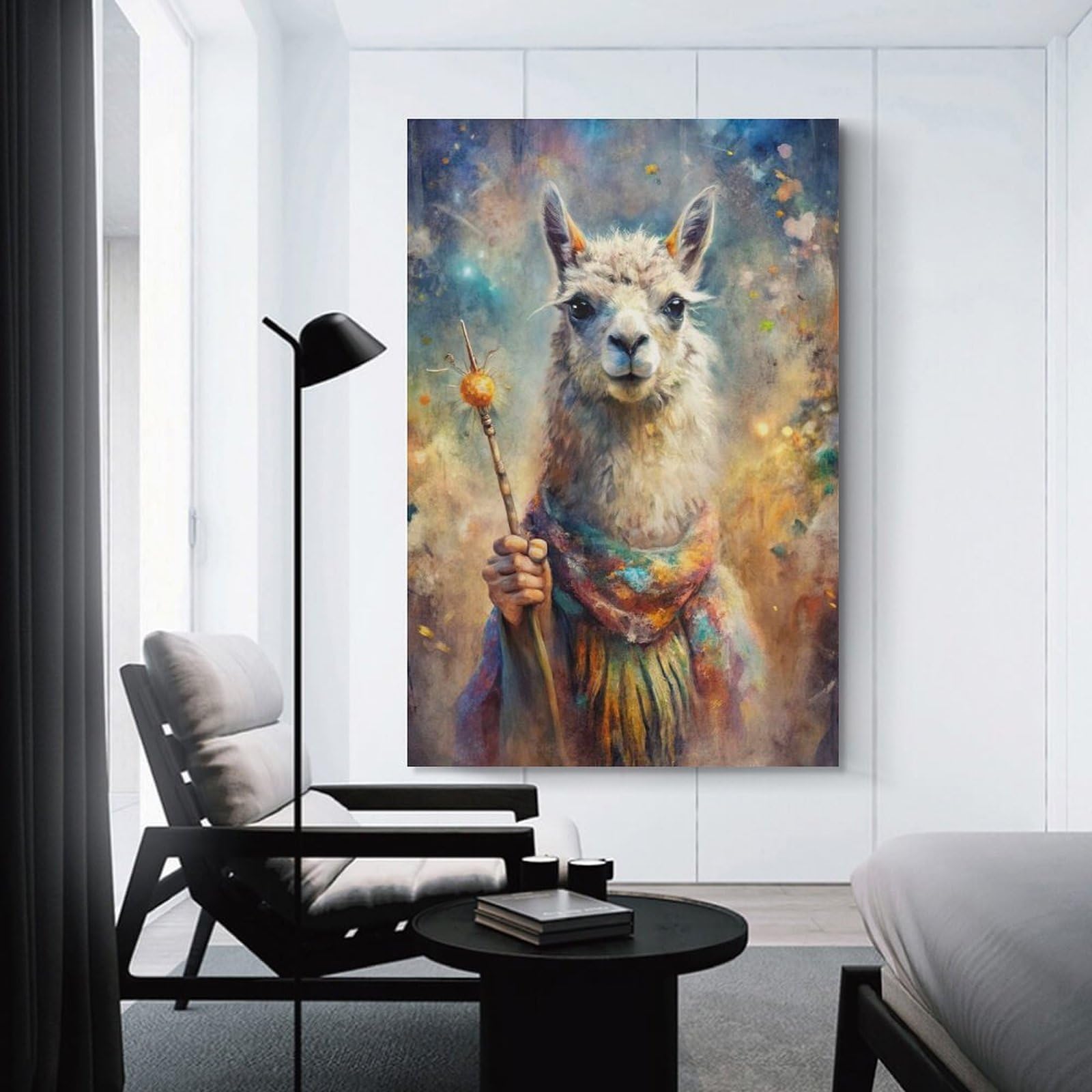Junmoney Llama Wizard with Staff Room Decor Wall Art, 16x24inch(40x60cm), for Bedroom Walls, Guest Spaces Or Lounges, Stylish Decor for A Restful Room Update
