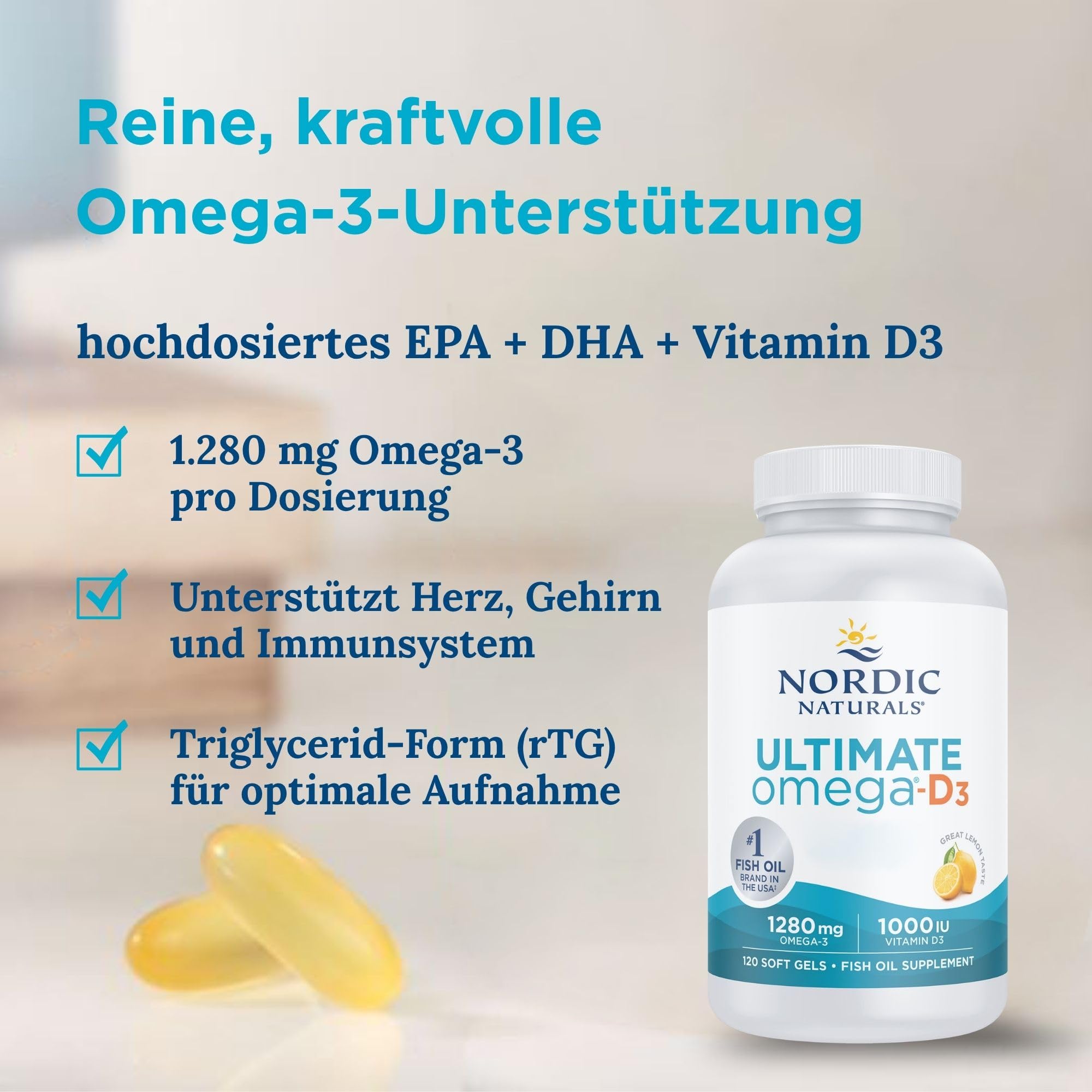 Nordic Naturals Ultimate Omega-D3, 1280 mg Omega-3 Fischöl-Nahrungsergänzungsmittel mit EPA, DHA und Vitamin D3, hoch dosiert, Zitronengeschmack, 120 Softgel-Kapseln, ohne Soja, glutenfrei