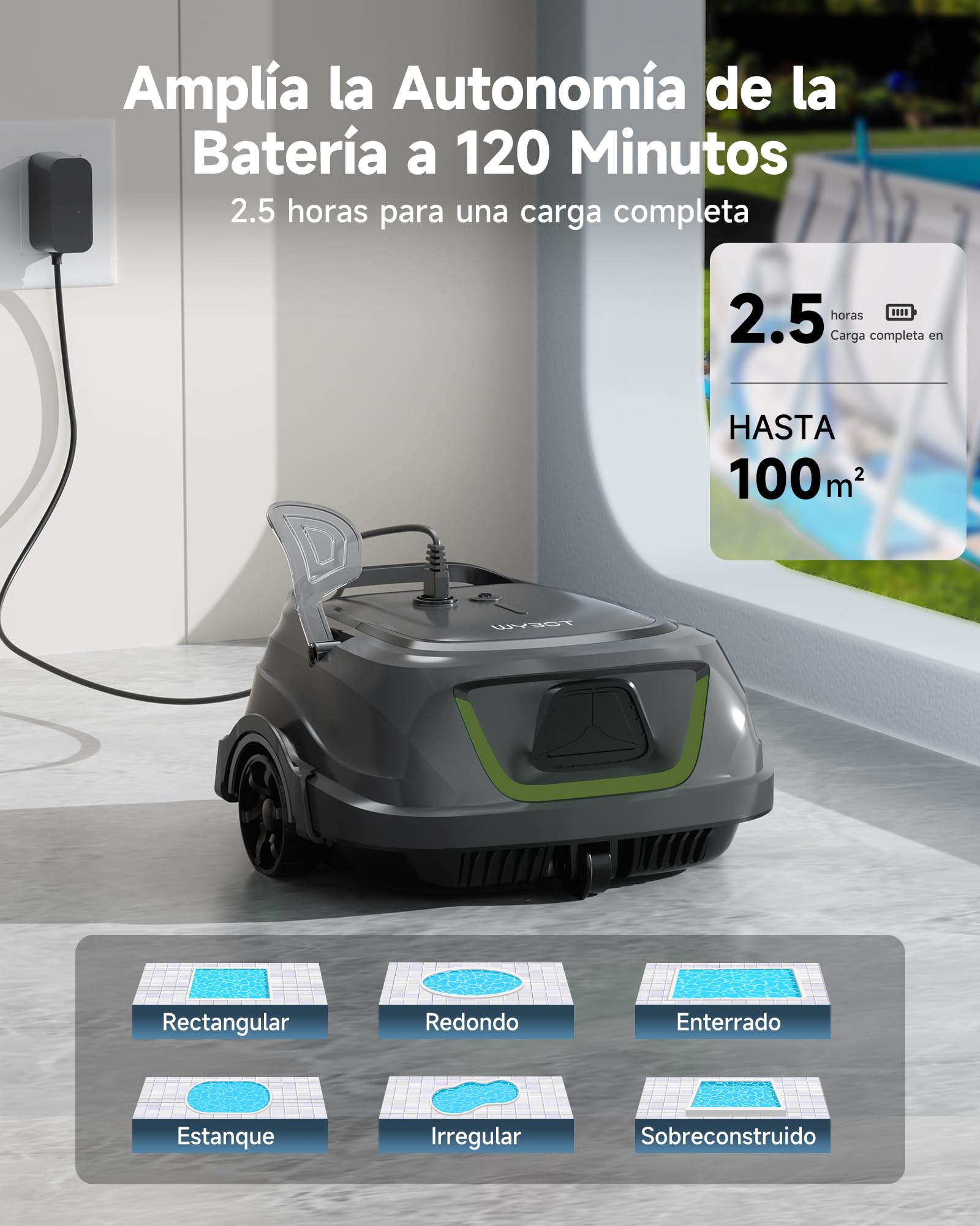 WYBOT A1p Robot Piscina Limpiafondos Inalámbrico para Piscinas sobre Suelo, Aspirador Automático, 120 Min Autonomía, Doble Filtración, LED, Carga 2,5h, 4 Modos,Verde Oliva