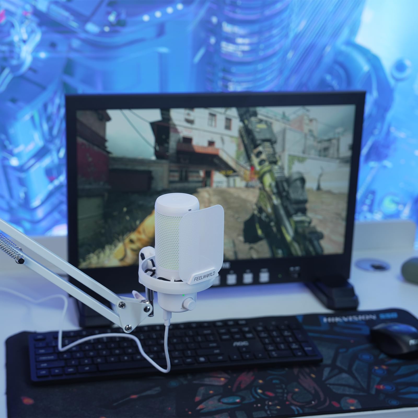 FEELWORLD VM1 - Micrófono condensador USB para juegos, cancelación de ruido, botón de silencio, luz RGB para PC PS4 PS5, podcast/YouTube/Twitch Streaming, chat en línea, grabación, accesorios de