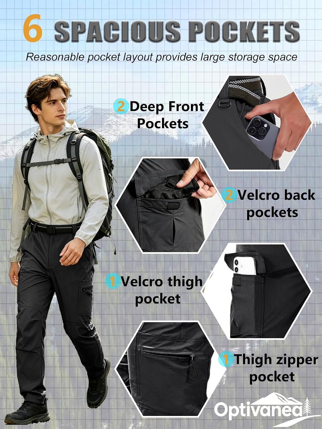 Men's Lightweight Hiking Cargo Work Pants Water Resistant 6 Deep Pockets for Hot Weather Travel Climbing Stretch Pants