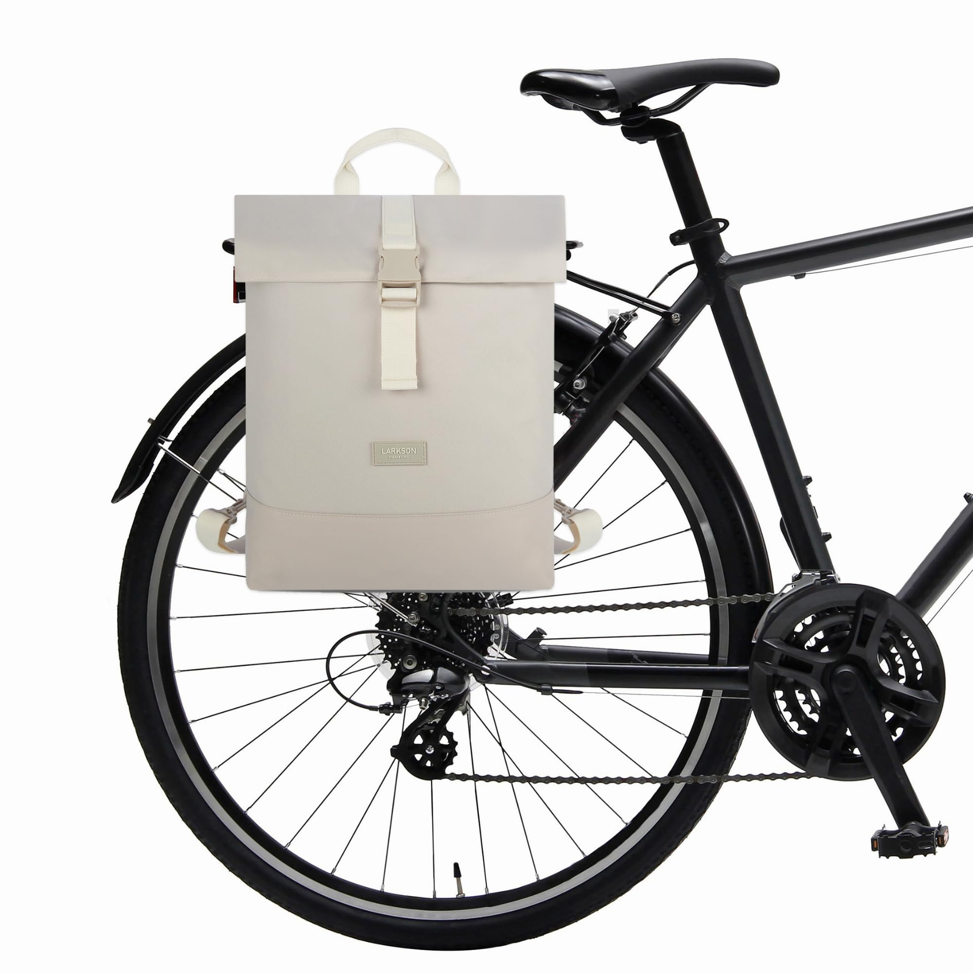 LARKSON Bolso Alforja para Bicicleta Beis - Tammo Bike - 2 en 1 Mochila de Ciclismo y Bolsa para Rack Trasero de Bici, Morral Material Reciclado - Repele Agua
