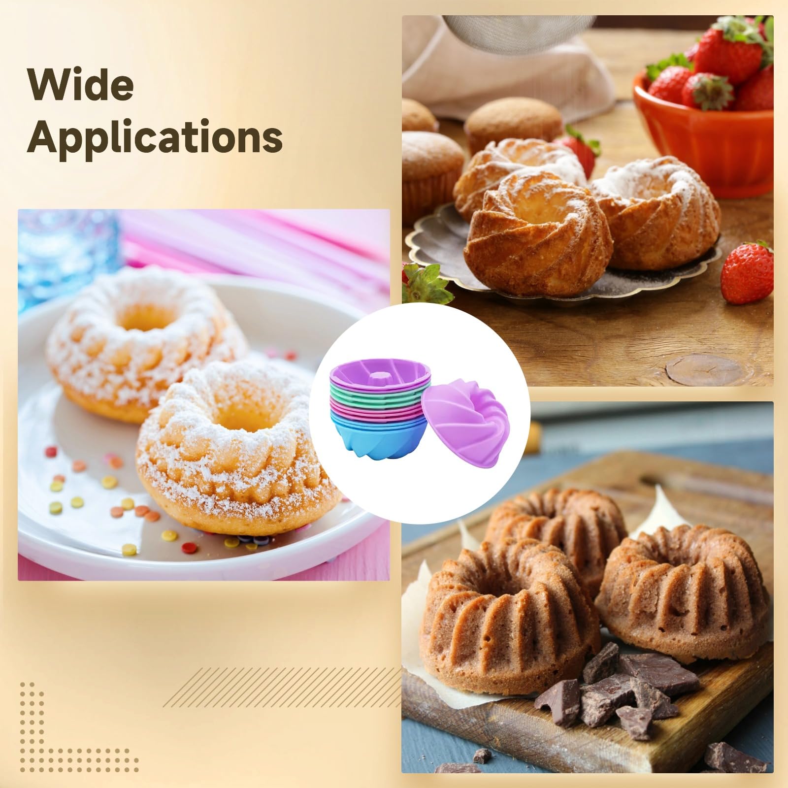 48 pièces moules à pâtisserie en silicone, lot de 4 formes de moules tubulaires cannelés, coupelles anneau antiadhésives, moules à muffins réutilisables, couleurs pastel, env. 3,8 x 7,8 cm