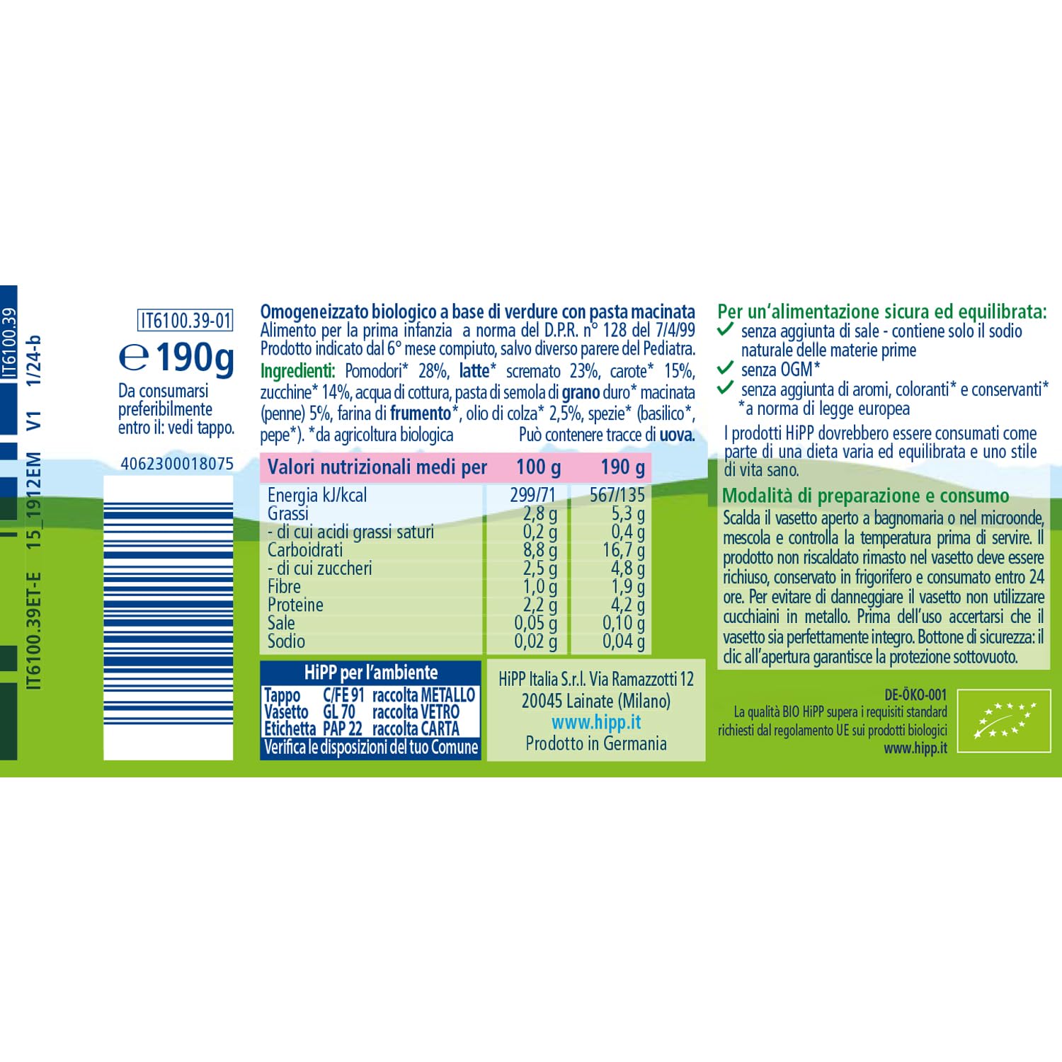 HiPP Pappa Pronta Pastina con Tris di Verdure - 6 confezioni da 190 g