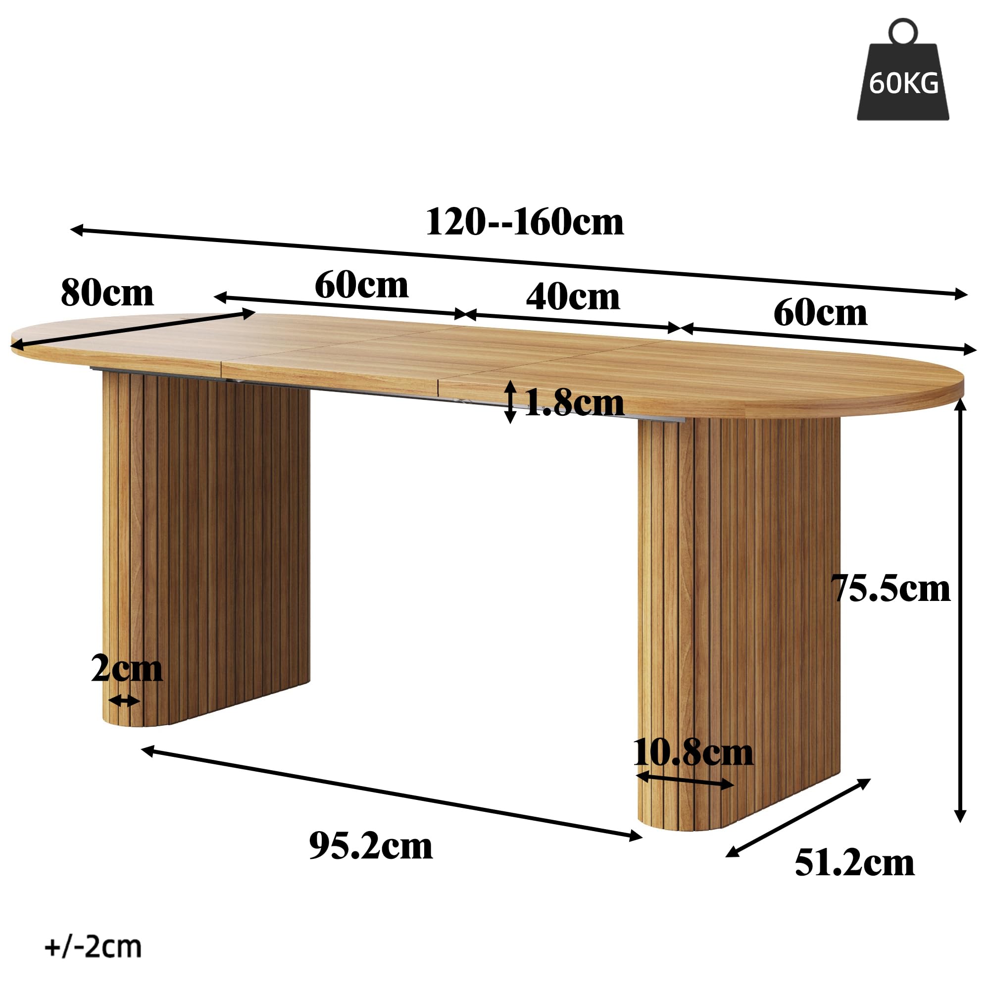 Tavolo da pranzo allungabile 120-160 cm, tavolo in legno ovale con struttura verticale, portata fino a 60 kg, 3 colori: legno naturale (marrone)