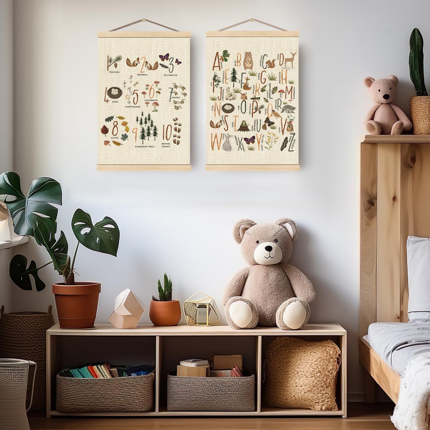 Boat Wades Alphabet Numbers Nursery Wooden Poster Hangers Set of 2, ABC 123 Forest Animal Educational Poster Hanger Frame Decor for Nursery Kids Room Playroom Classroom Homeschool, 16X24Inch