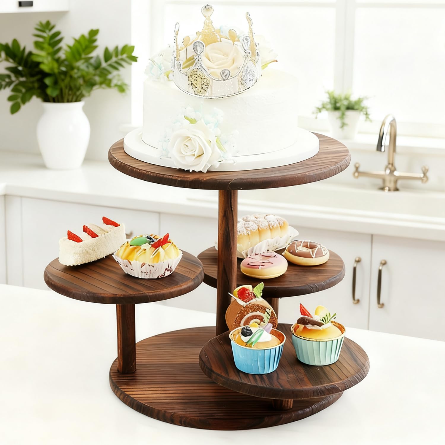 Supporto per torte e cupcake a 4 ripiani, in legno, per dolci, dolci, ciambelle, per matrimoni, compleanni, feste a tema, decorazioni natalizie