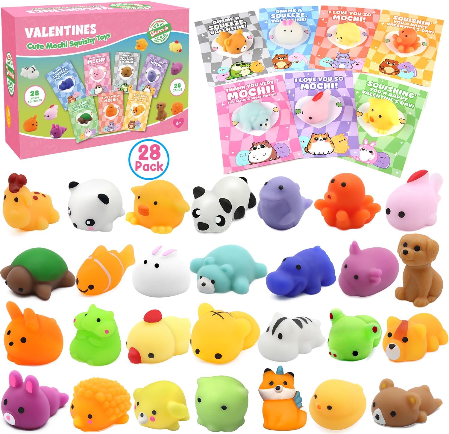 SURCVIO 28 Pack Valentines Day Gifts for Kids School, Animal Mochi Squishies with Greeting Cards, Classroom Exchange Party Favors, Stress Relief Fidget Toys, School Prize Supplies