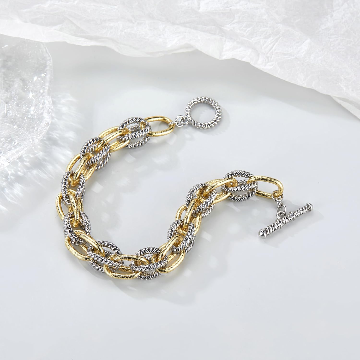 Mytys Chunky Chain Link Bracelet Two-Tone Mixed Metal Textured Toggle Clasp Statement Bangle Bracelet Jewelry for Women Fashion - Image 4