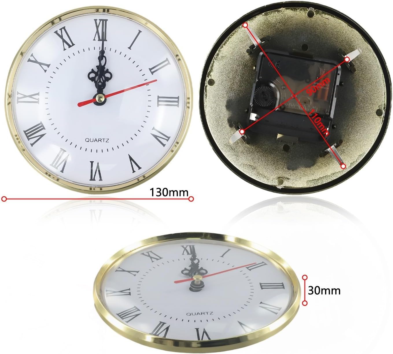 Quartz Clock Insert Movement 5.12'' Clock Mechanism Replacement With Roman Numerals For DIY Or Replacement Projects, Silent Operation(Gold)