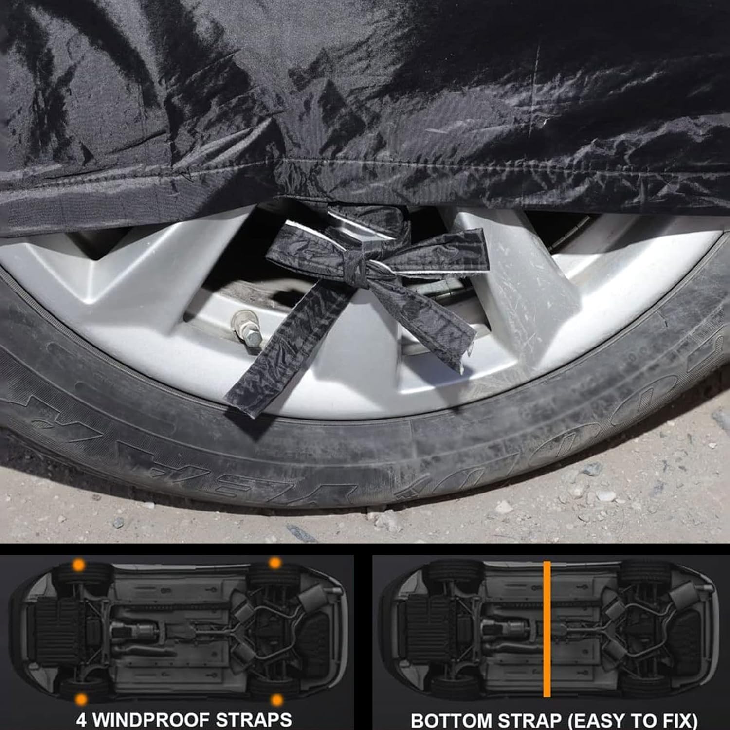 Image showing windproof straps tied around a car wheel and diagrams of bottom straps