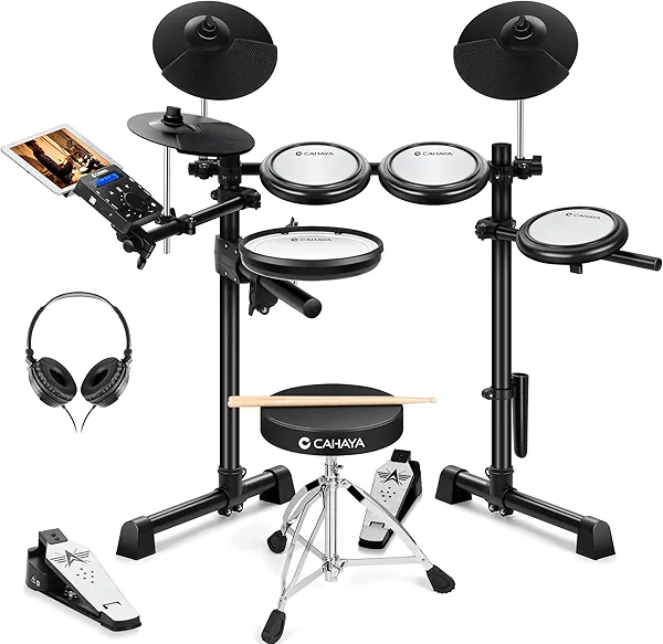 CAHAYA Electric Drum Set Beginner - Drum Kit for Adults Kids Portable 350 Sounds 25 Kits with 4 Quiet Mesh Pads Headphones 2 Pedals 2 Drumsticks Drum Throne