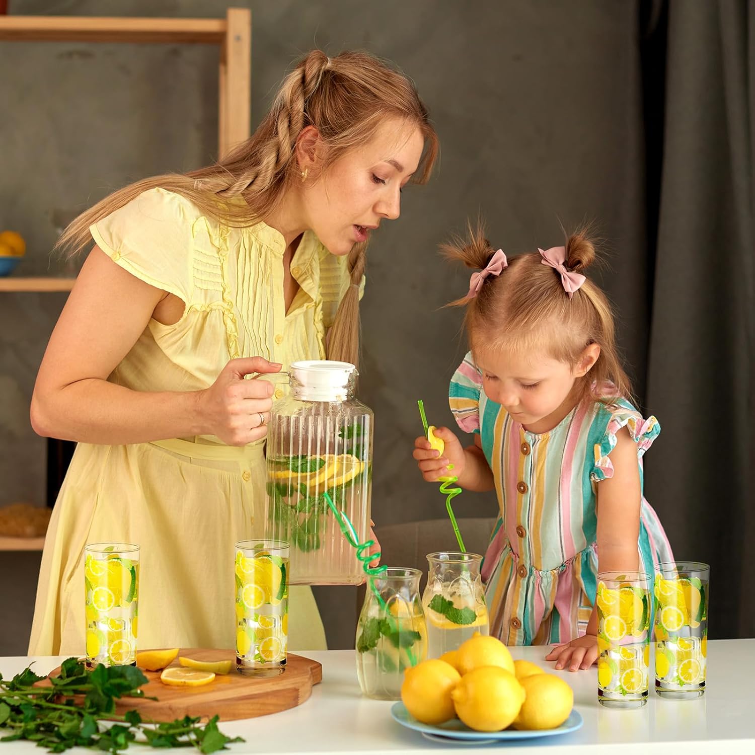 LemonRoad 6 Packs Lemon Pattern Highball Glasses 10 oz Tall Lemon Drinking Glasses Summer Drinkware or Iced Tea, Cocktails, Juice-summer Citrus Themed Glassware Set