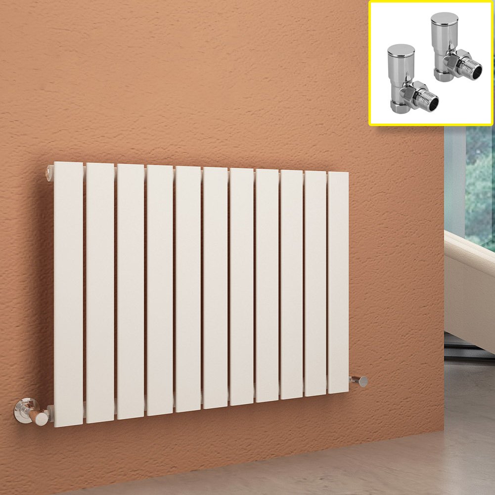 600 x 836 mm White Column Radiator Horizontal Single Flat Panel Designer Radiator with Angled Radiator Valves
