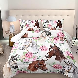 Horse and Flower Comforter Set for Girls Kids Horse and Floral 3 Piece Bedding Set Full Floral Lightweight Comforter Down Alternative with 2 Pillowcases All Seasons