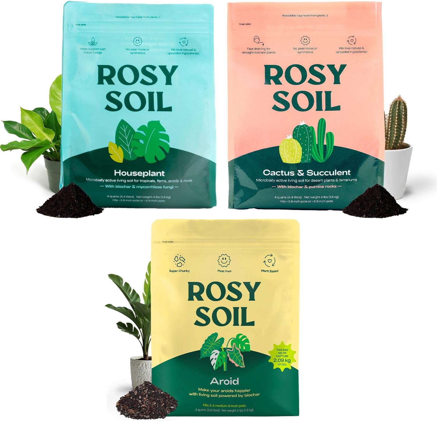 Rosy Soil Indoor Plant Soil Bundle - Houseplant, Aroid & Cactus Potting Mixes - Peat-Free, Biochar-Powered Living Soil for Indoor Gardening - 3 × 4 Qt