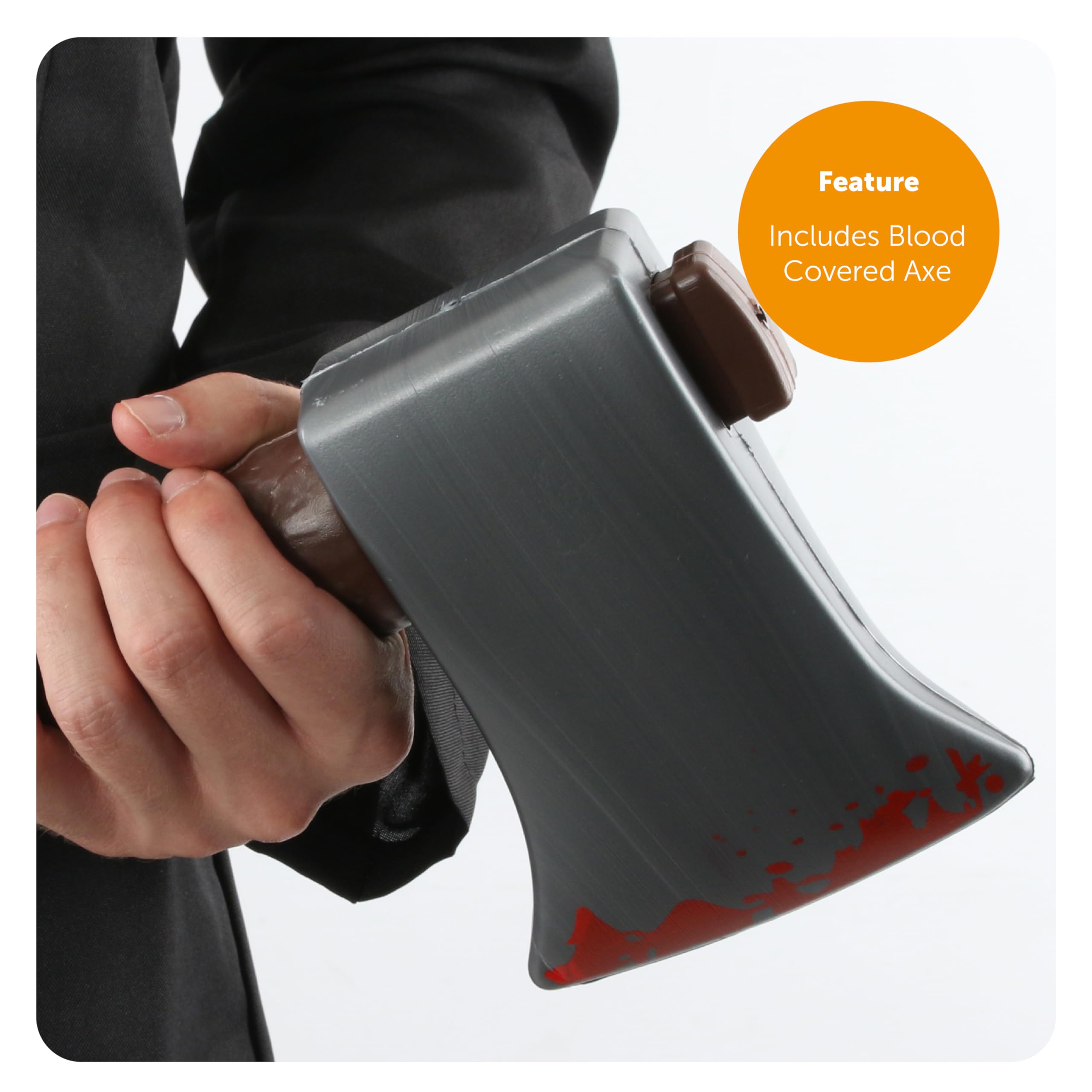 Juego de accesorios de PATRICK BATEMAN – Hacha sangrienta + corbata roja + tarjeta de negocios + sangre falsa – Disfraz de personaje de TV y película americana para adultos