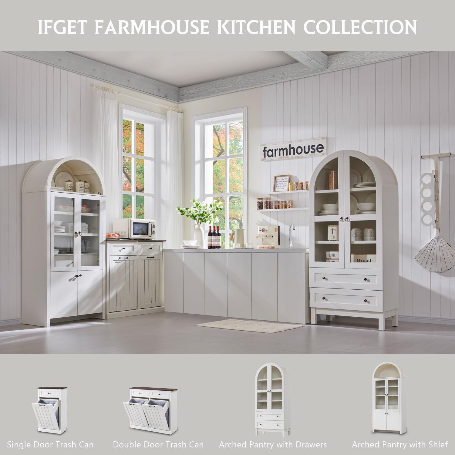 IFGET Armoire de rangement polyvalente en bois avec 2 grands tiroirs et étagères réglables, style rustique moderne pour cuisine, salle à manger, salle de bain, 180,3 cm de haut, blanc
