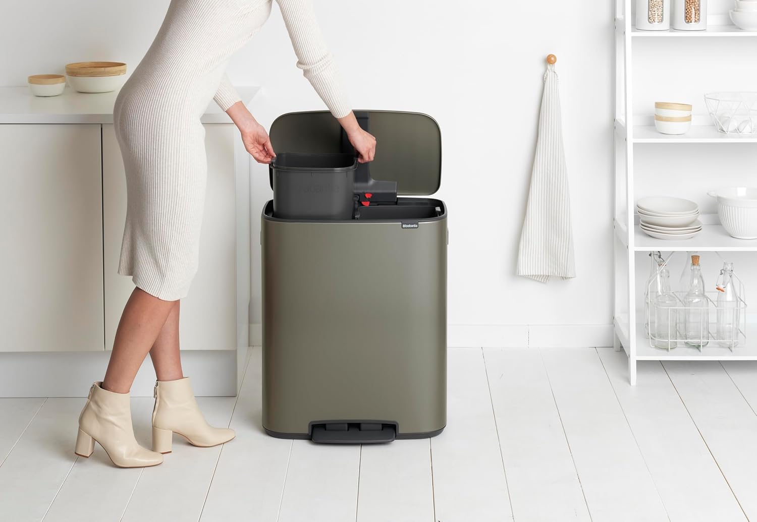 Brabantia Bo Step-On Kitchen Trash Can with Dual Compartments | Platinum | 2 x 8 Gal Inner Buckets | Soft-Close Garbage Can, Light Pedal, Stay-Open Lid | Fits Against Wall | + Trash Bags