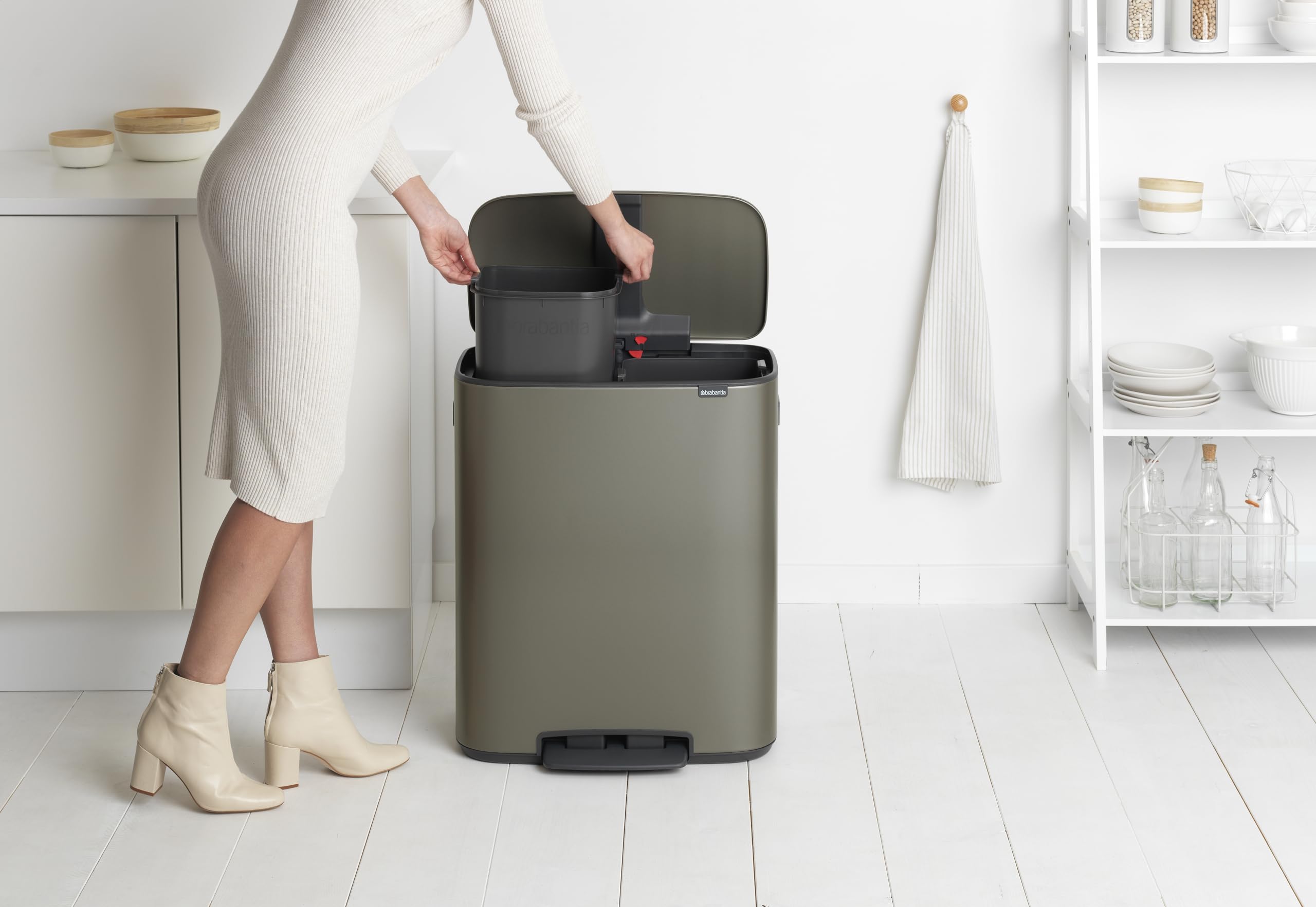 Brabantia Bo Step-On Kitchen Trash Can with Dual Compartments | Platinum | 2 x 8 Gal Inner Buckets | Soft-Close Garbage Can, Light Pedal, Stay-Open Lid | Fits Against Wall