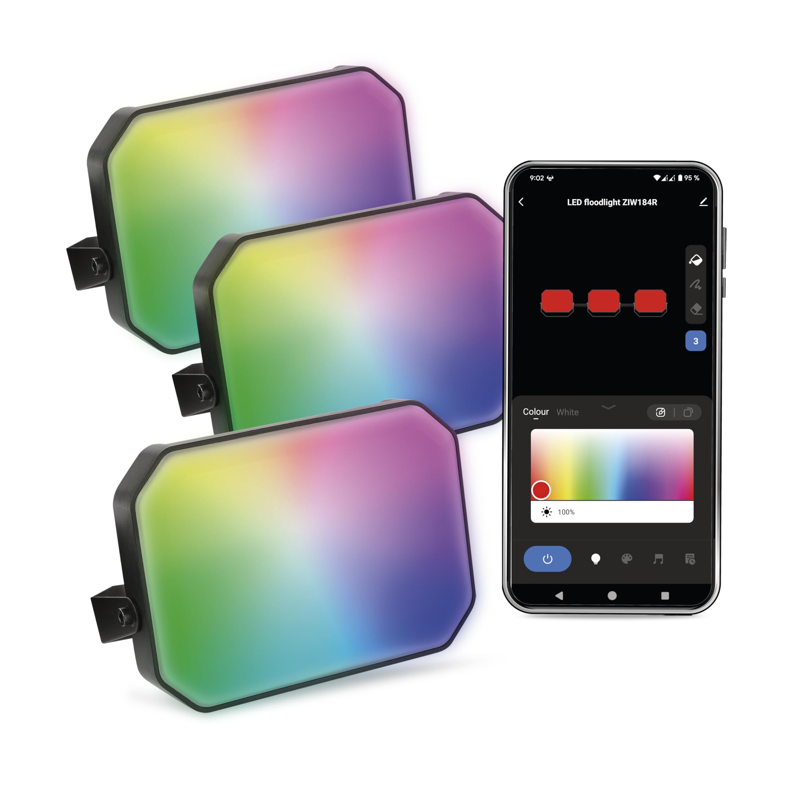 EMOS - Smart Gartenfluter 2in1, Startset 3 Stk – WiFi-Außenleuchten RGBIC+CCT-Farbspektrum, dimmbar, erweiterbar - HandyApp, Sprachassistenten - Wand- und Boden-Strahler wasserdicht - schwarz