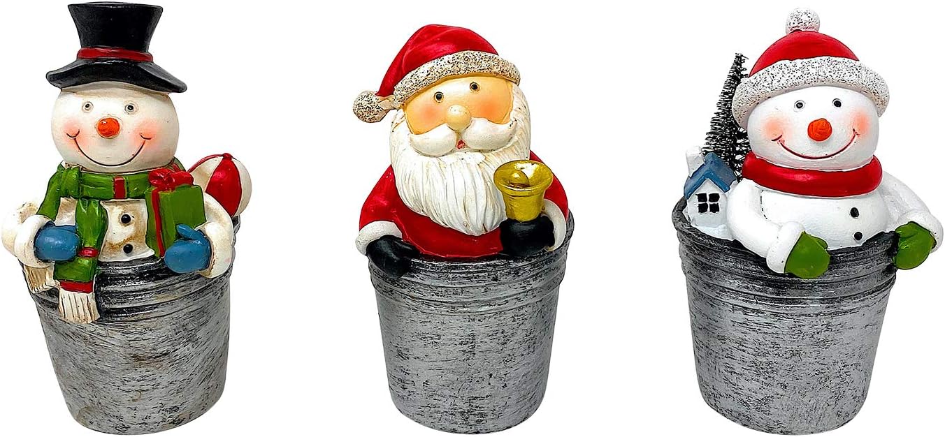 Transpac S/3 Christmas Figurines Small Statues Collectible Home Office Decoration Table Fireplace Shelf Santa & Snowmen in Bucket 5.5" H