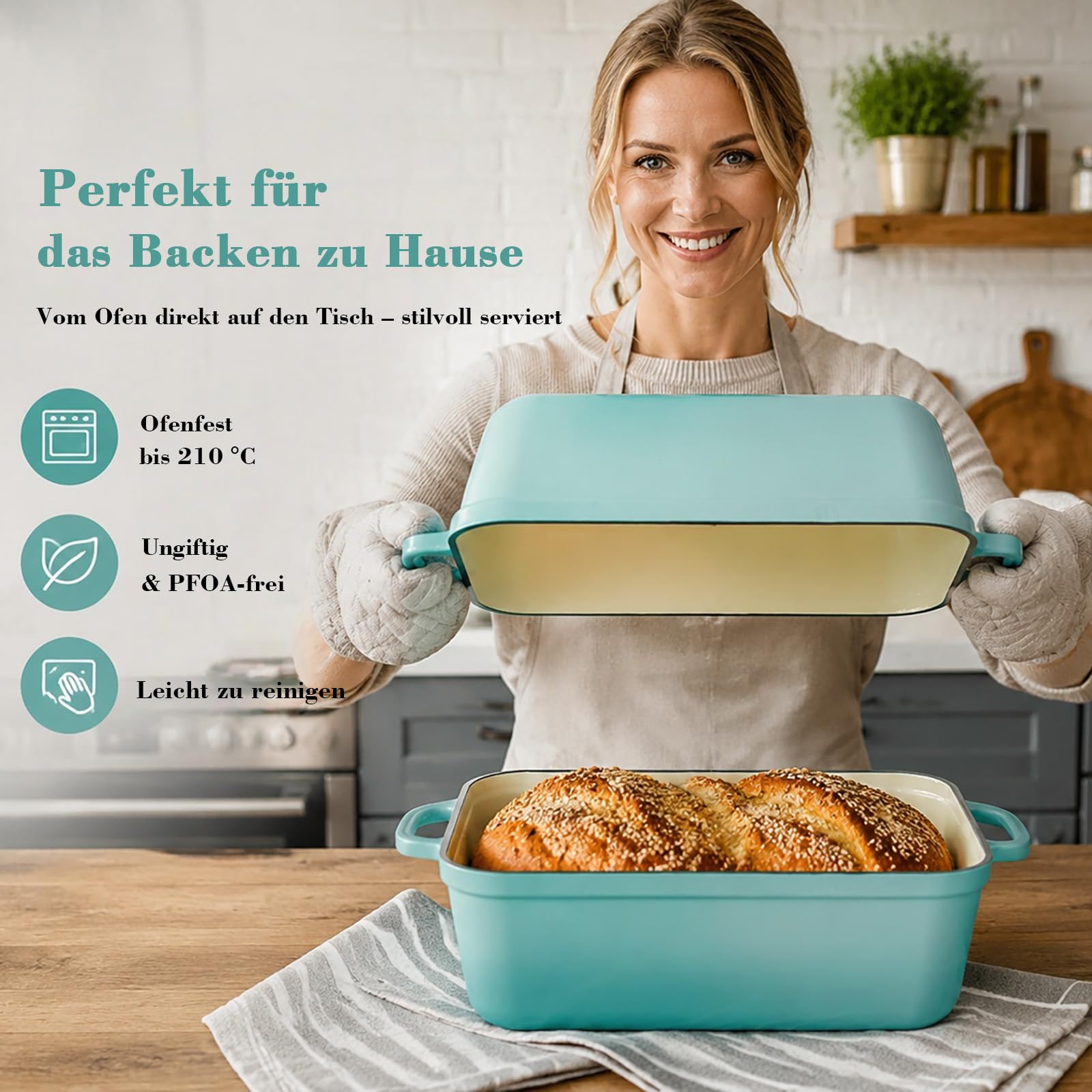 5.68 L Gusseisen Brotbackform,Brotbacktopf mit Deckel,Gusseisen Topf Brot Backen,Brotformen zum Backen,Emaille Brotbackformen für Sauerteig,Robuste Brotbackformen zum Brotbacken im Ofen(Seeblau)