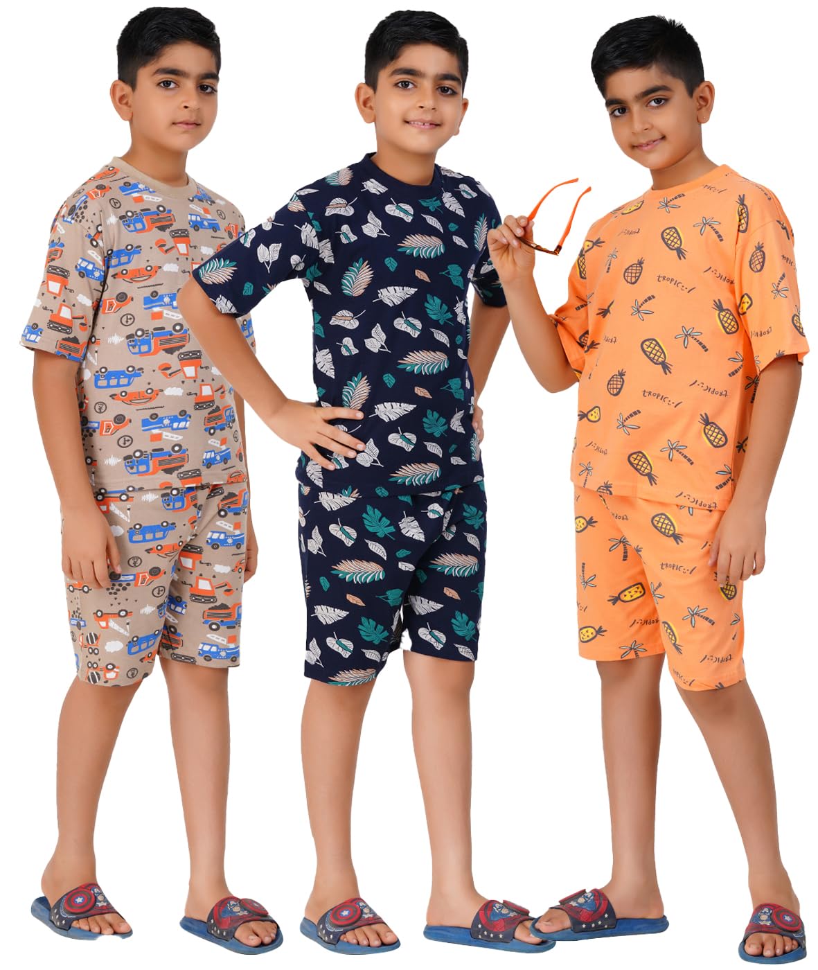 T2F Boys Cotton Printed DropShoulder Fit T-Shirt and Shorts Clothing Set (Pack of 3)