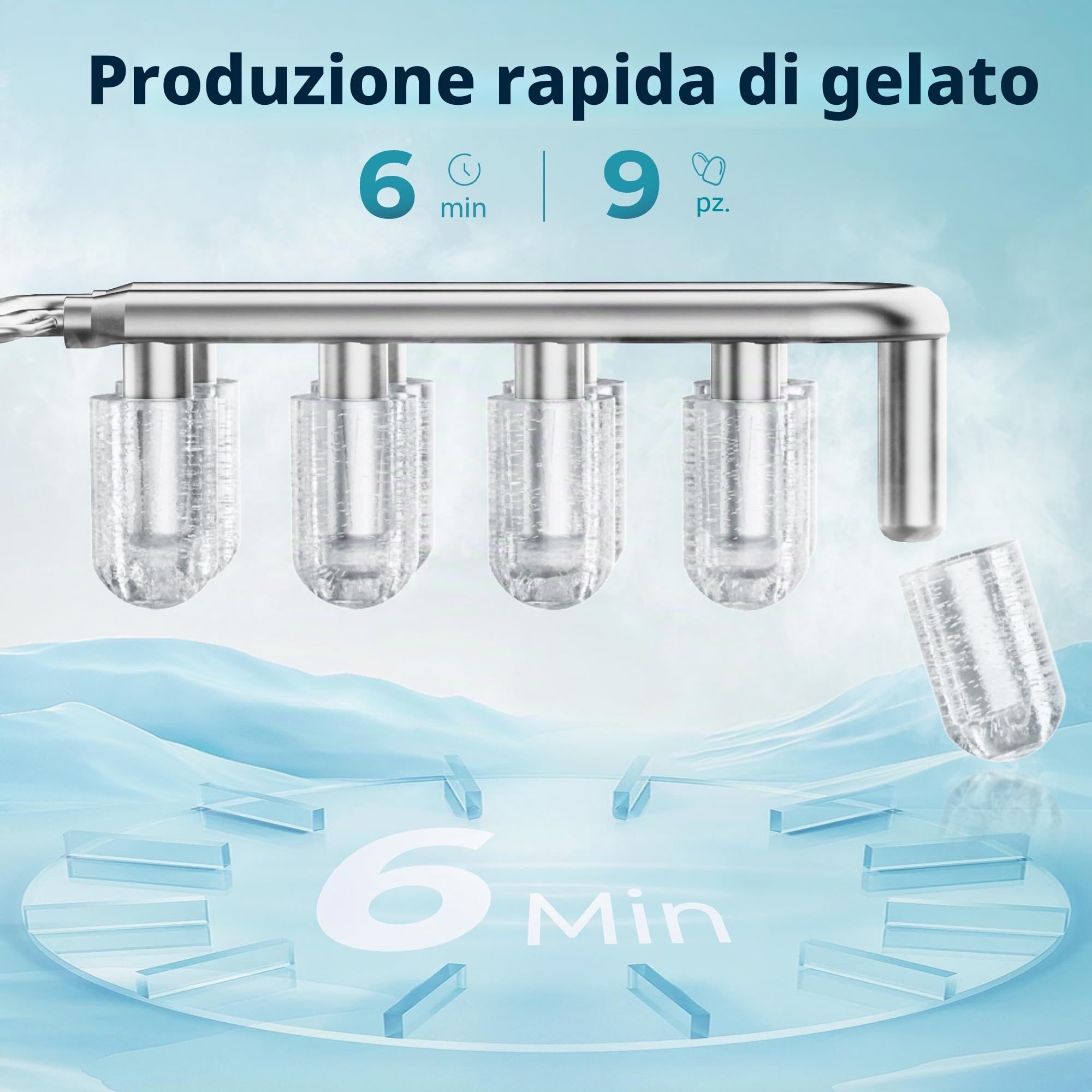 EUHOMY Macchina per cubetti di ghiaccio, 9 cubi in 6 minuti, macchina per il ghiaccio Bullet, 2 dimensioni cubi, in acciaio inox, per il piano di lavoro, 12 kg/giorno, per la casa, la cucina