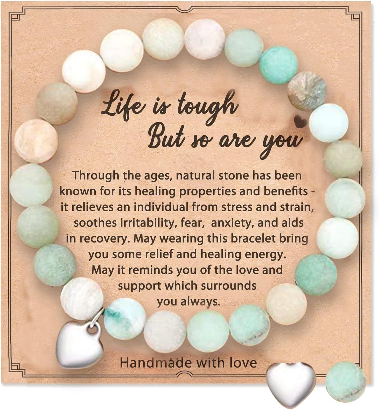 Anxiety Bracelet, Natural Stone Healing Bracelet for Women, Elastic Beads Bracelet Gemstone Zebra Bracelet with Heart Charm Message Card for Women Christmas Birthday Mothers Day Gifts