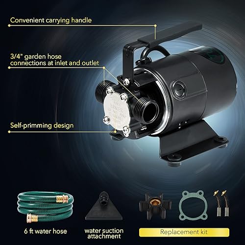 Miniatura 2 de Bomba de transferencia de agua de 115 V, bomba autocebante de 330 GPH, bomba de sumidero eléctrica portátil con accesorio de manguera de succión,
