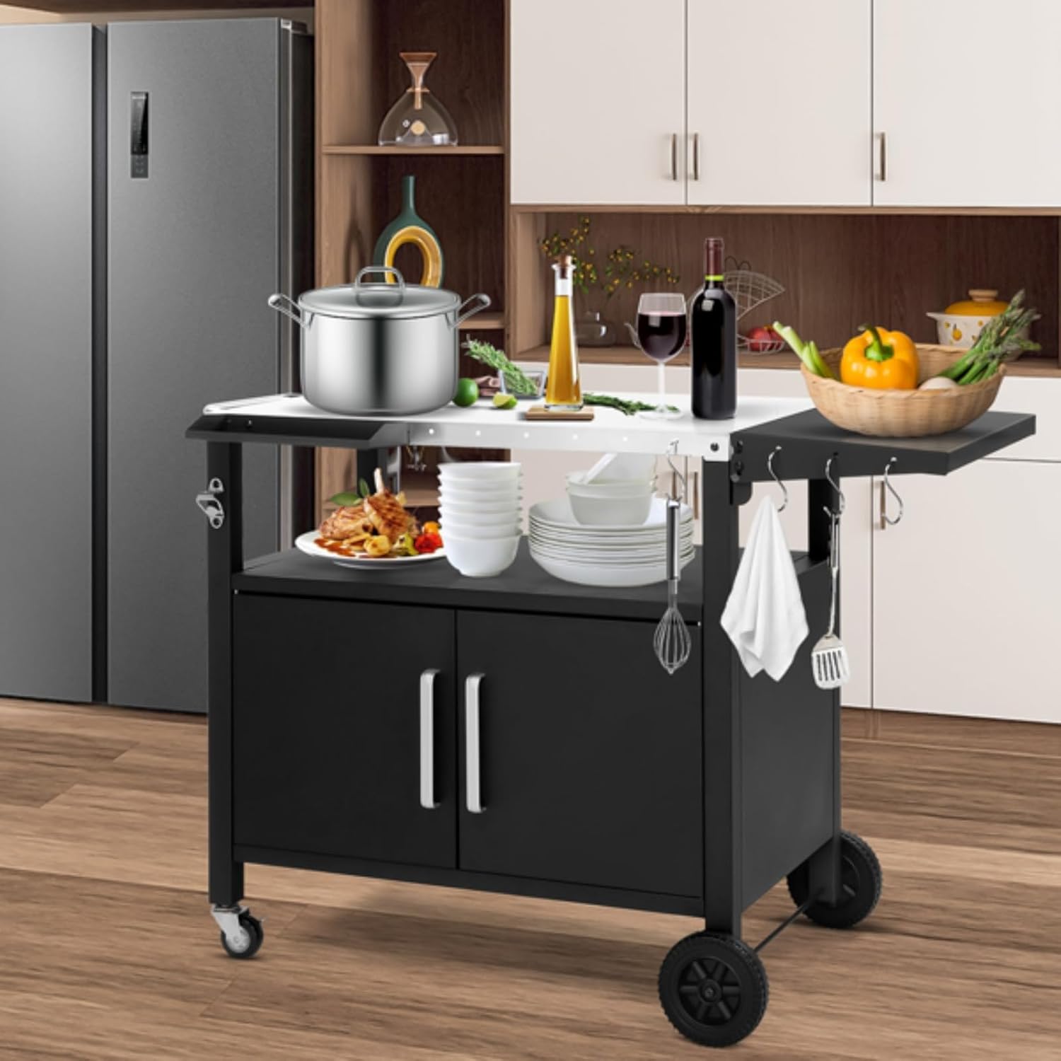 Patio Kitchen Island Outdoor Grill Table,Outdoor Grill Cart with Storage,Rolling Bar Cart Movable Kitchen Island for BBQ, Patio Dining Cart Table for Food Prep with Wheels&&Hooks Foldable Top,Black