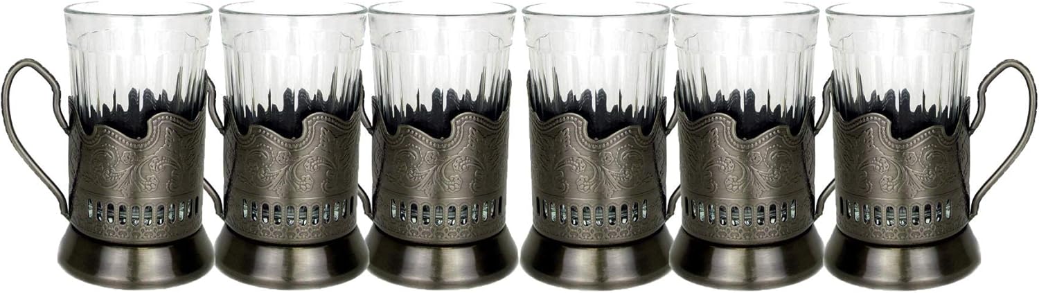 Neman 7 Oz Crystal Granyoniy Tea Glass with Podstakannik, Hot/Cold Beverage Glass with Metal Holder (1)