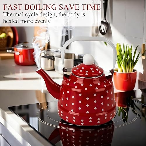 Miniatura 3 de Estufa de té esmaltada vintage de 1.8 cuartos de galón, tetera esmaltada con manchas rojas y blancas, café de agua con asa, hervidor de agua