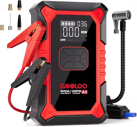 GOOLOO 3000A Avviatore Batteria Auto con Compressore, 150PSI Avviatore Emergenza per Auto con Torcia, Ricarica USB, avviatore batteria per auto (fino a 9.0L Gas/6.5L Diesel)