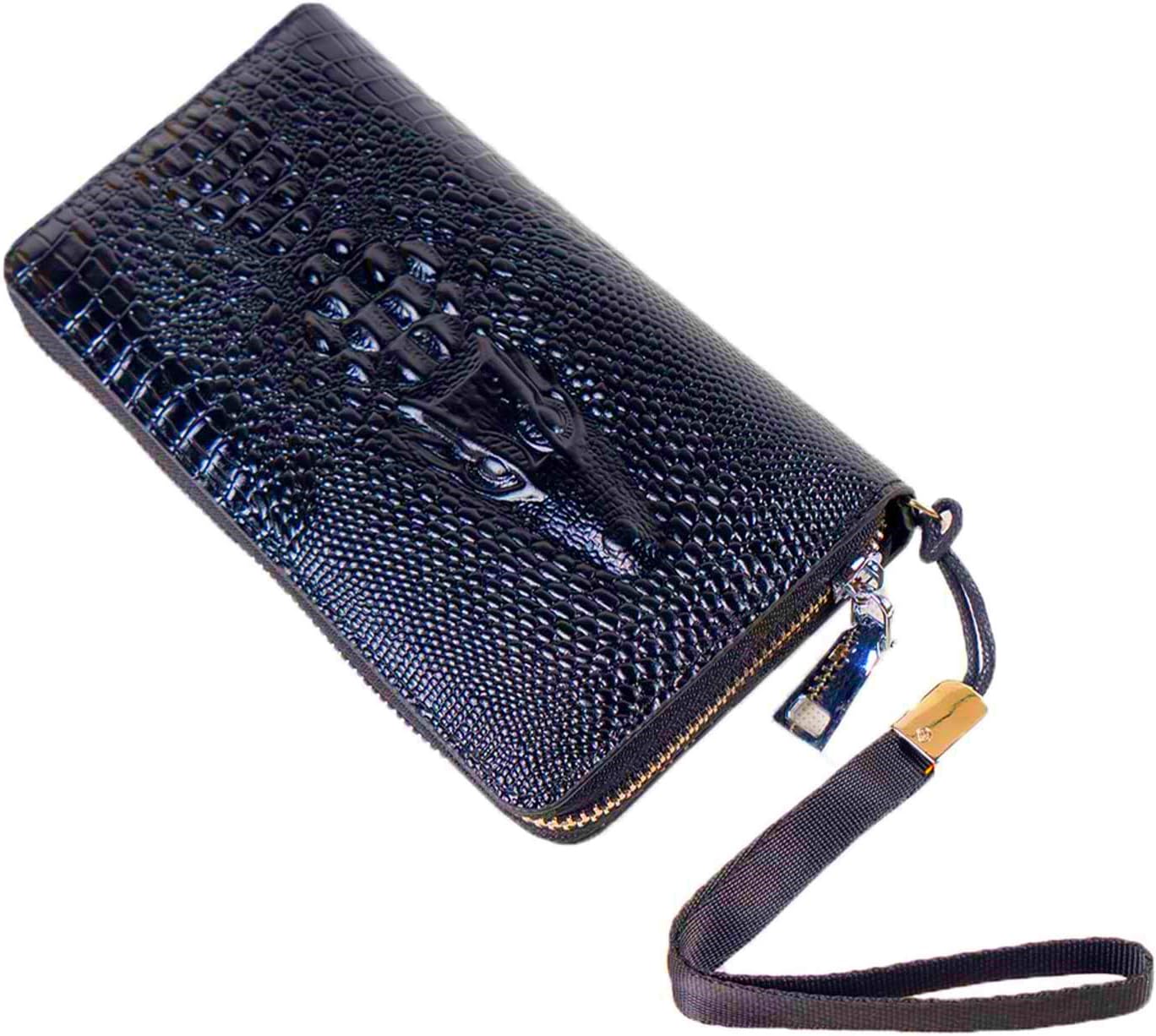 Women Light Brown Large Wristlet Wallet Glossy For Women Crocodile Genuine with Zipper Closure Wallet Ladies Clutch Purses Genuine Glossy Leather Long Card Holder for Gift