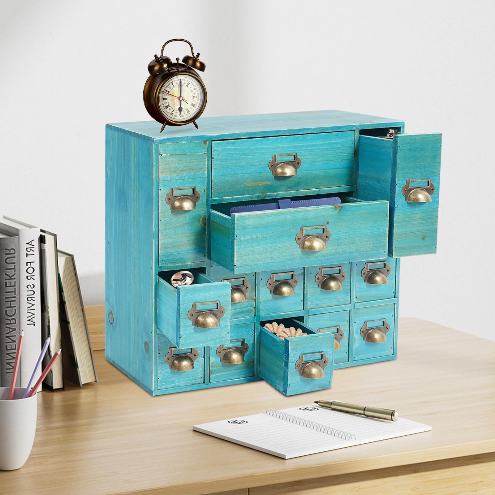 Cassettiera in legno, da scrivania, con 14 cassetti, per ufficio, scuola, cancelleria, 53 x 16 x 42,4 cm (blu)
