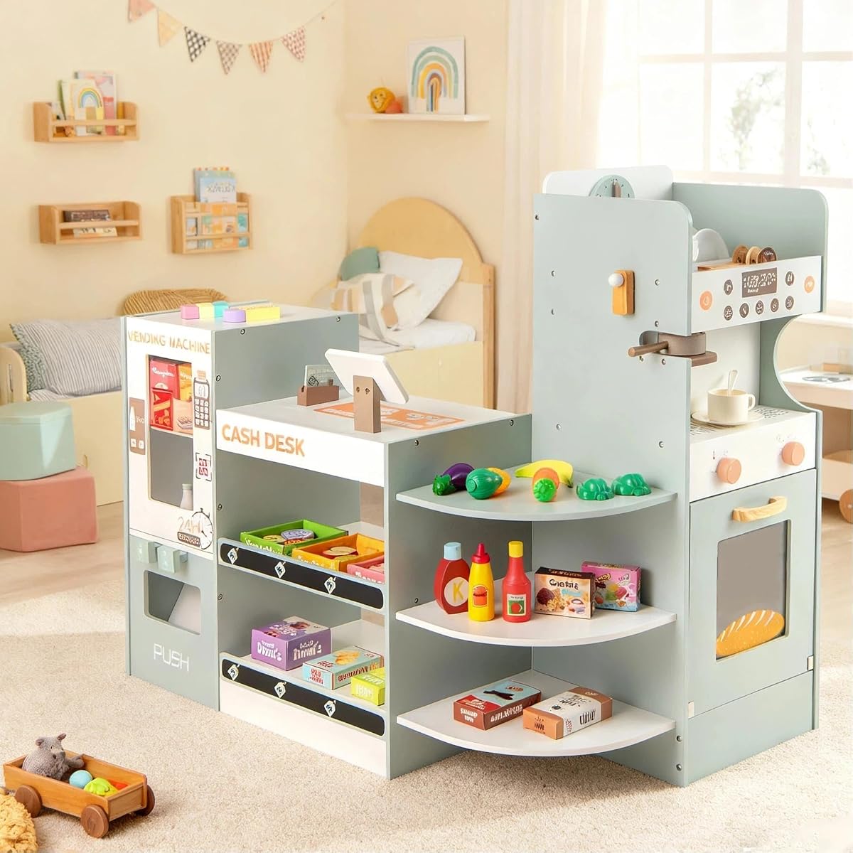 Costzon Juego de tienda de comestibles para niños, tienda de juegos de madera con mostrador de pago, caja registradora, máquina expendedora, cafetera y accesorios de comida de juego, juguete de simulación de comestibles para niños y niñas
