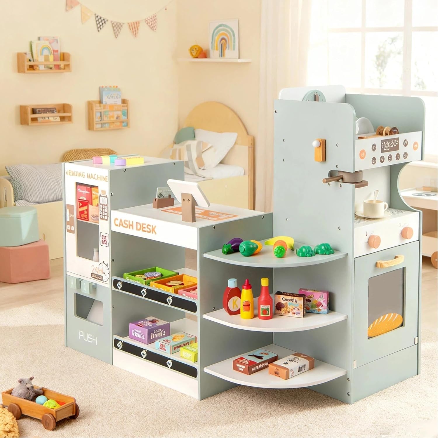 Costzon Kids Grocery Store Playset, Wooden Play Store w/Checkout Counter, Cash Register, Vending Machine, Coffee Maker & Play Food Accessories, Grocery Pretend Play Toy for Boys & Girls