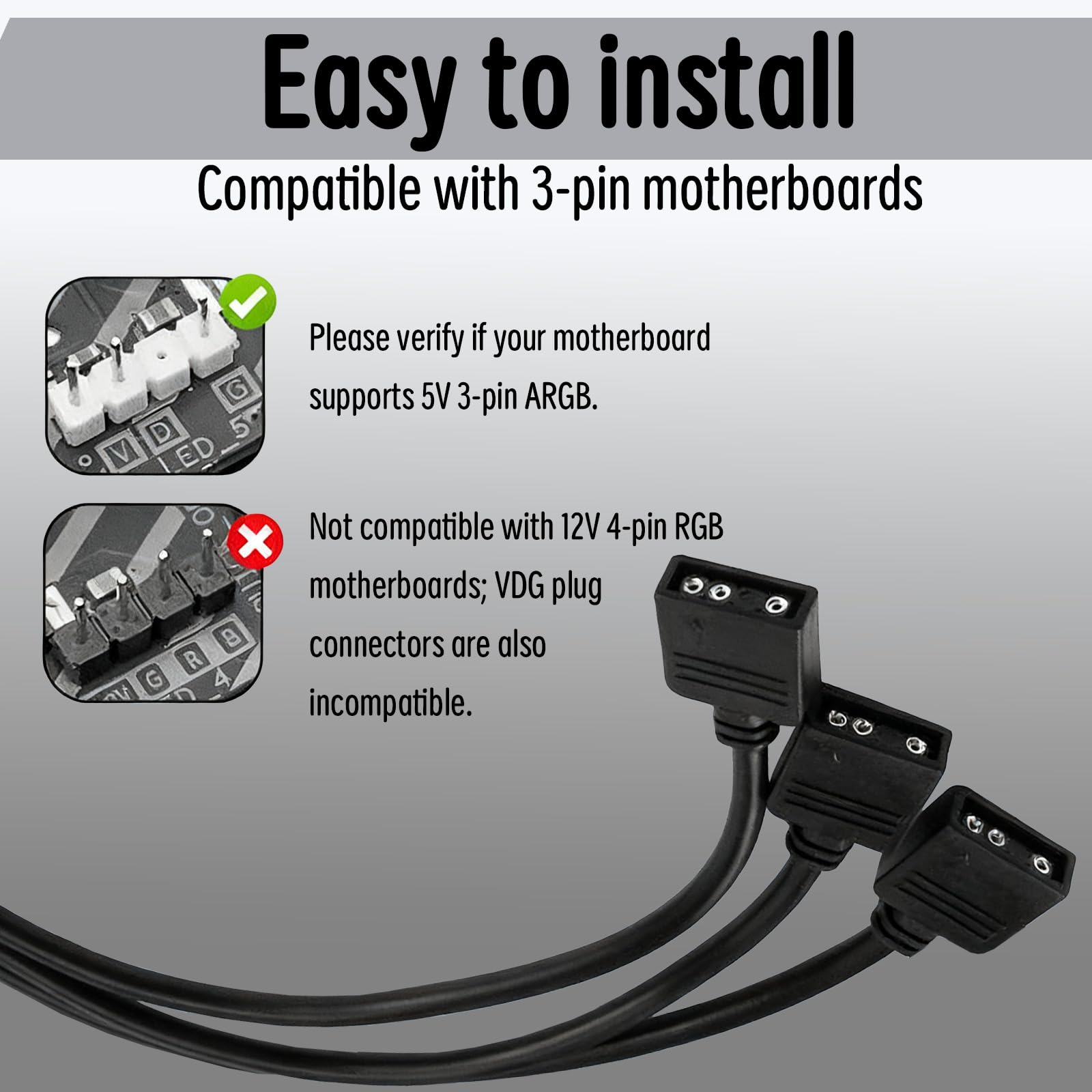 2 Piezas 30cm Splitter 3 pines ARGB, Divisor ARGB 5V, Cable Divisor ARGB 1 a 3, Cable para Ventiladores y Refrigeradores de CPU, Instalación Flexible y Duradera, Compatible Placas Base 5V