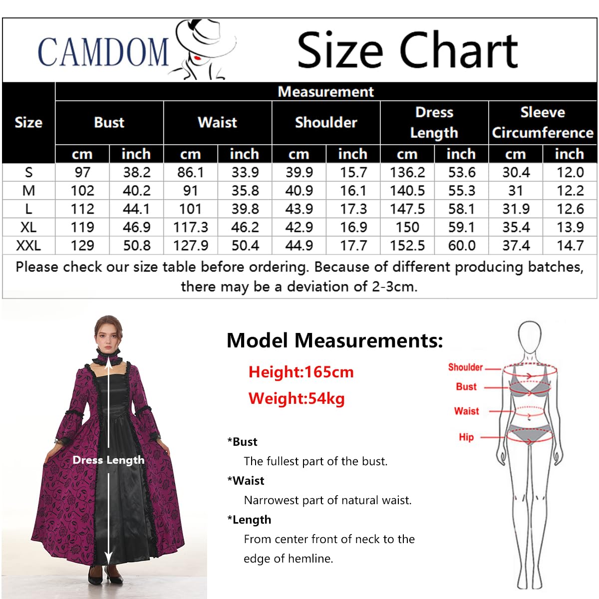 CAMDOM Vestido de Fiesta Victoriano Mujer Retro Medieval Palacio Largo Cuello Cuadrado Satén Elegante Mangas Acampanadas Disfraz Vintage Cosplay