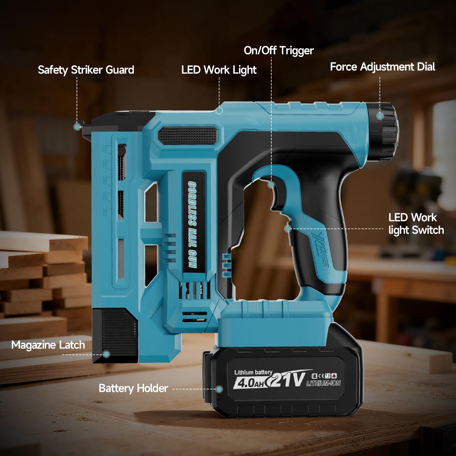 balyram Clavadora Electrica de Clavos Compatible con Makita 18V, Grapadora Clavadora 2 en 1 18GA con batería 4.0Ah, Profundidad Ajustable, 1000 clavos y 1000 grapas incluidas para mejoras del hogar