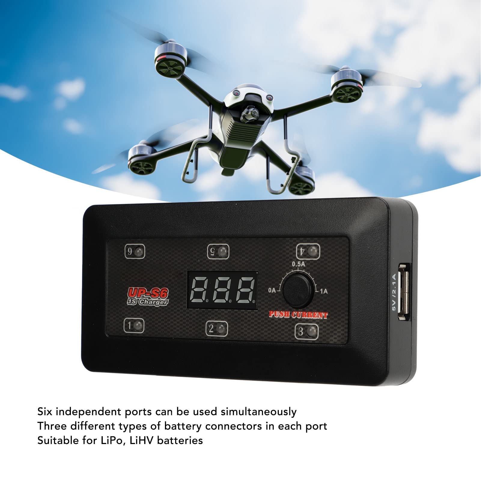 Ładowarka LiPo, Ładowarka do Akumulatorów LiPo ze Wskaźnikiem LED, 6 Niezależnych Portów, Micro MX MCPX, Ładowarka do Akumulatorów LiPo LiHV, Port ładowania USB do Modelu Drona