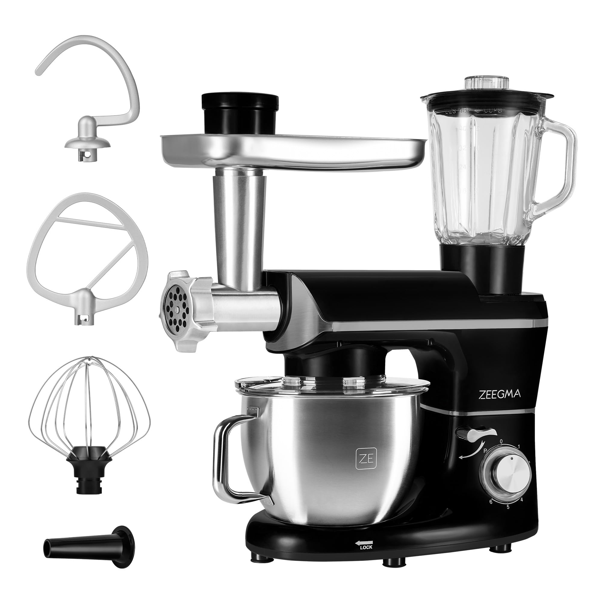 ZEEGMA PLANEET MULTI Robot de Cocina Planetario 1900W 3 en 1, Maquina Amasadora de Masa con Bol de 6,2 L con Asa y Tapa, Batidora de Vaso, Picadora Eléctrica de Carne de 6 Velocidades