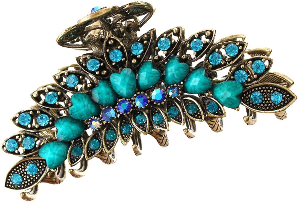 NumblartdVintage Chic Metal Alloy Imitation Turquoise Rhinestone Fancy Non-Slip Hair Claw Jaw Clips Pins - Women Fashion Retro Large Size Hair Catch Hair Updo Grip for Thick Hair (Blue)