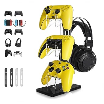 3 Tier Controller and Headset Stand for PS4 PS5 Xbox ONE Switch, Acrylic Gaming Controller Holder Headphone Stand with 4Pcs Cord Organizers for Universal Gamepad Gaming Accessories Black