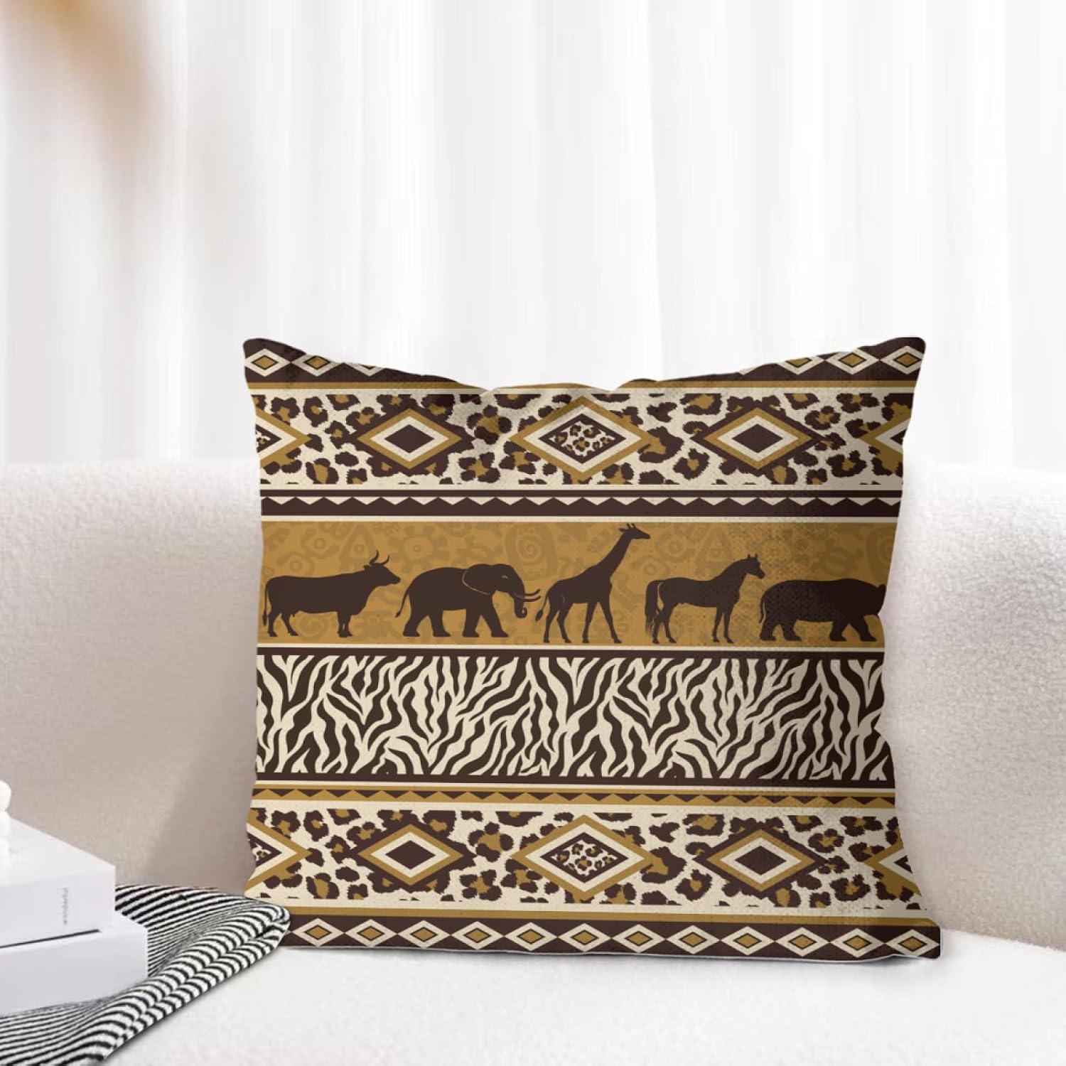 African Animal Throw Pillow Cover,Nature African Jungle Animal Leopard Print Wildlife Afro Tribal Pattern Brown Pillow Cases for Couch Sofa Living Room,16 "x16 Set of 1 image 3