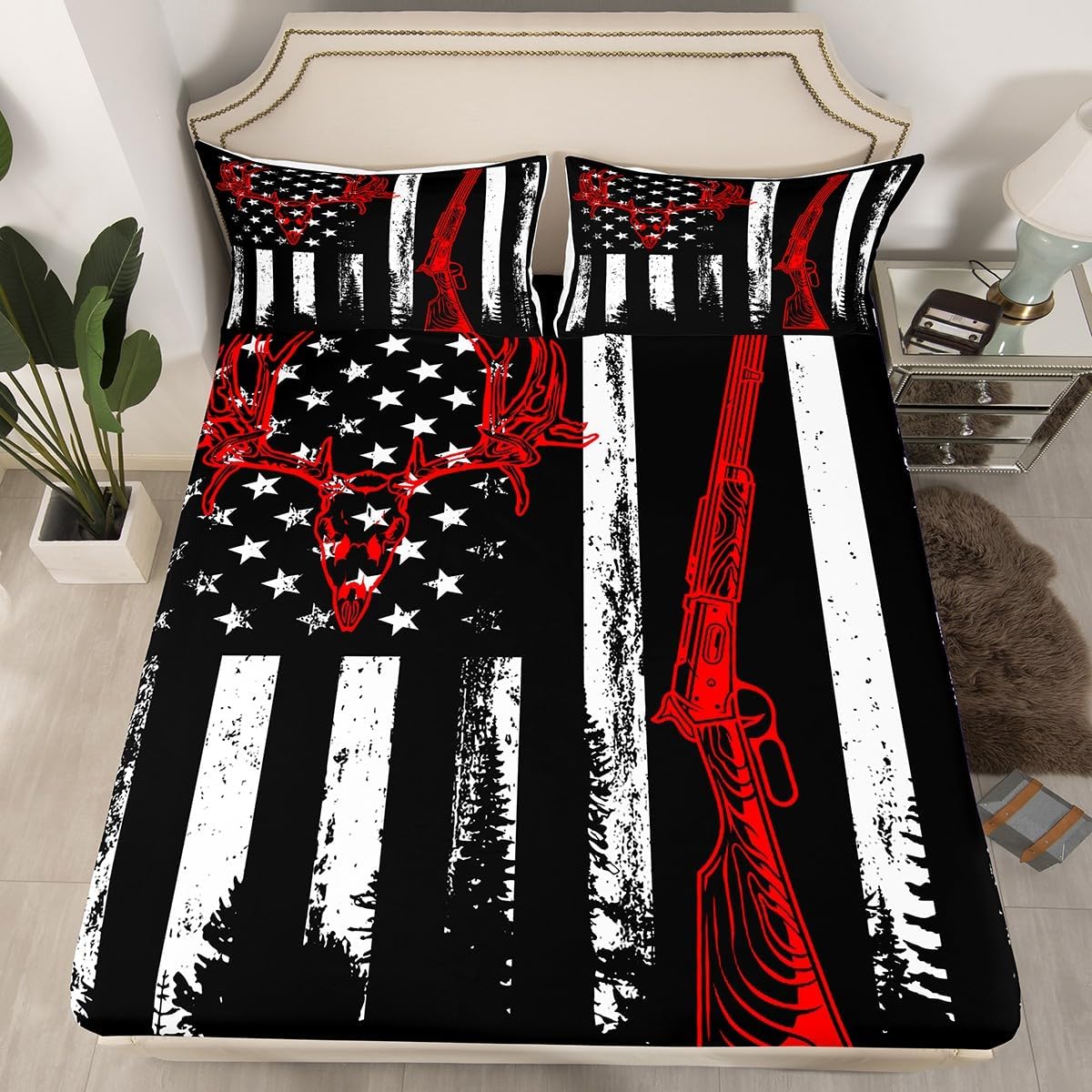 Deer Hunting Fitted Sheet American Flag Full Size Bed Sheets, Vintage Style Shotgun Stars and Stripes Hunter Bedding Set