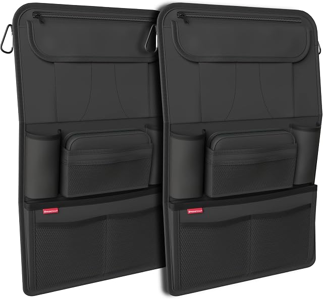 ATHLON TOOLS Organizer na fotel samochodowy ze zintegrowanym uchwytem na tablet, wzmocniony tył, z dodatkowym piórnikiem, biznesowy / dla dziec, zaprojektowany w Hamburgu (kolor czarny/zestaw 2 szt.)