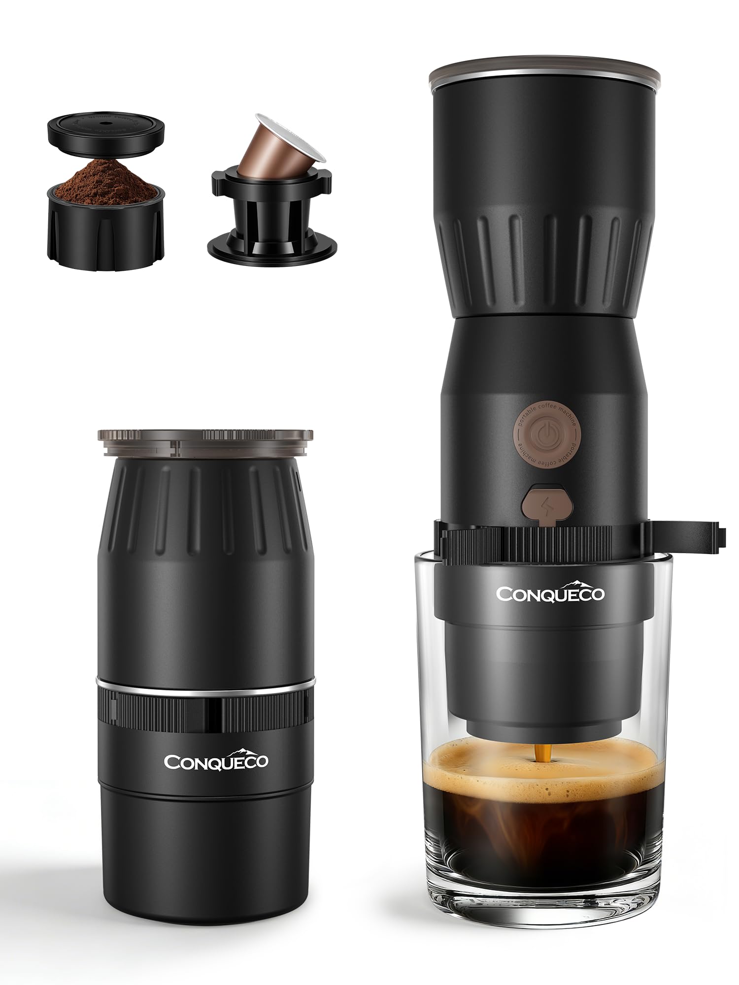 CONQUECO Macchina Caffè Portatile 2in1, 455g Ultraleggera Non Riscalda l’Acqua (Richiede Acqua Calda), Serbatoio 160ml, Cialde NS e Macinato, USB-C 250 Tazzine, 30s Estrazione, Per Campeggio e Viaggio